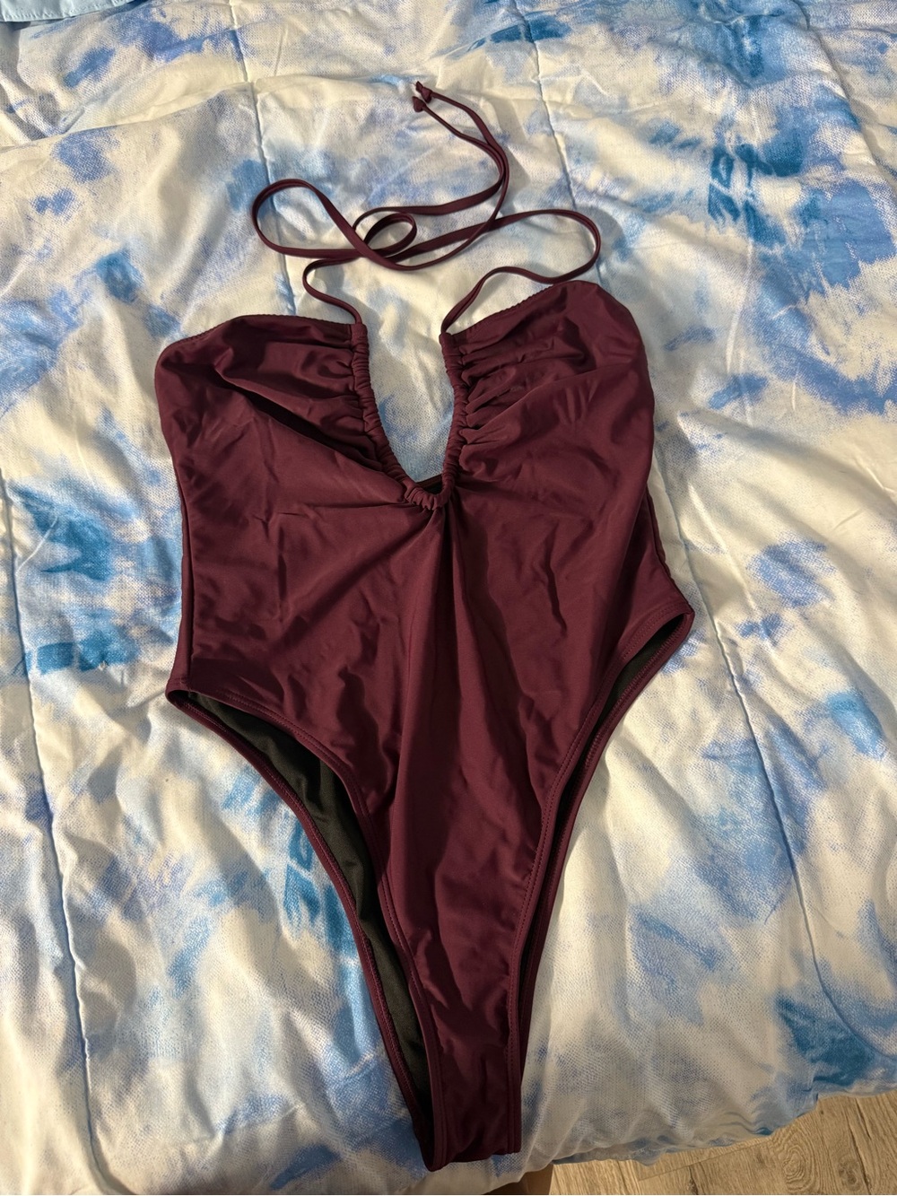 Women’s Ruched Plunge One-Piece Swimsuit - Burgundy